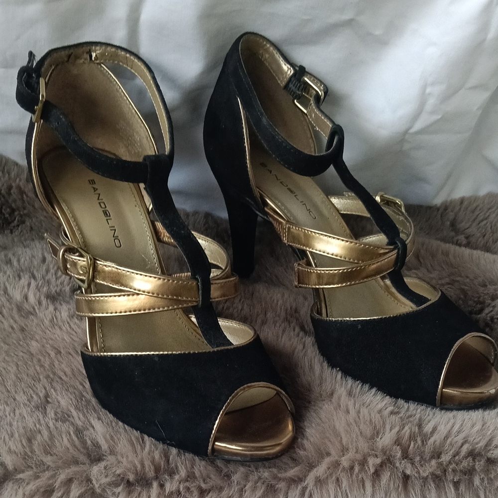 Bandolino Black and Gold High Heeled Sandals with Ankle Strap